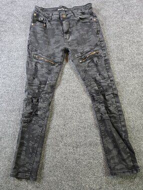 Nathan Denim Mens 30x30 Black Camo Moto Bike Skinny Jeans Distressed Zip Stretch